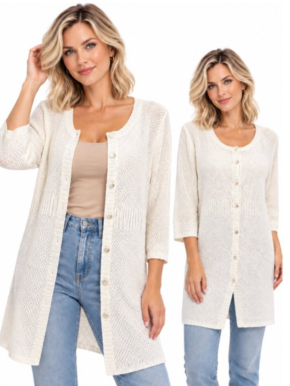 Eileen Fisher Cream Hemp Open-Knit Long Cardigan Button Front Large Preppy Chic